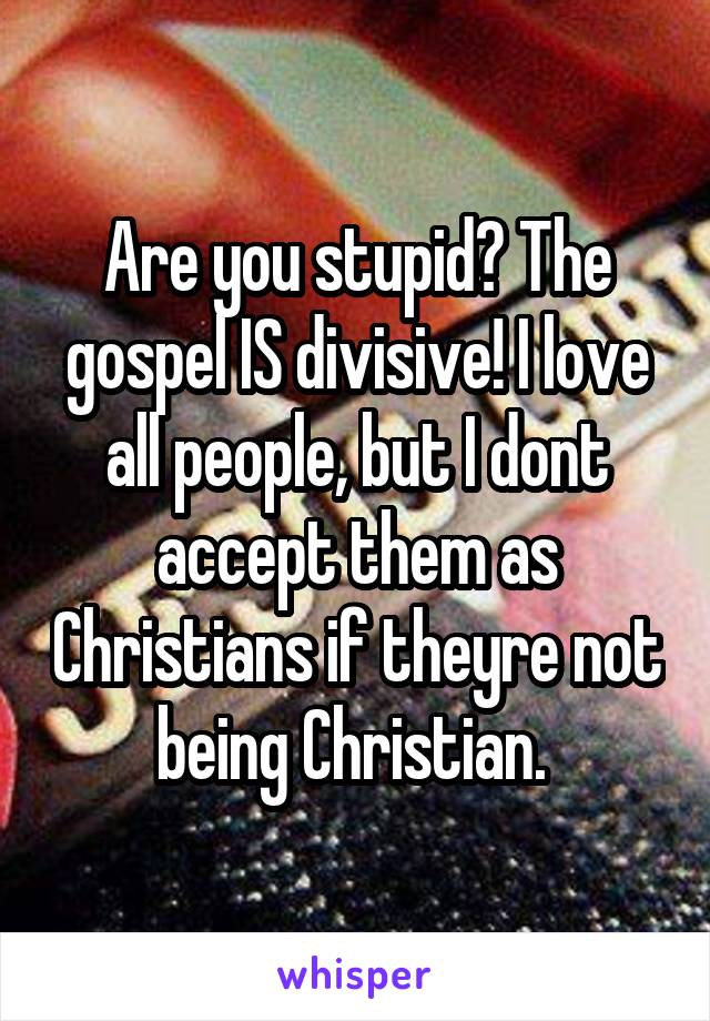 Are you stupid? The gospel IS divisive! I love all people, but I dont accept them as Christians if theyre not being Christian. 