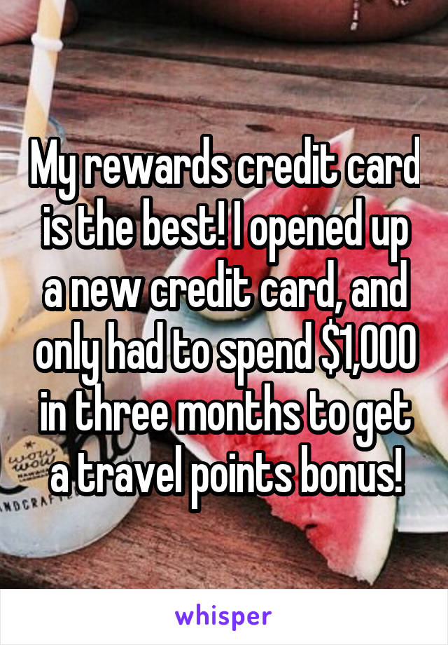 My rewards credit card is the best! I opened up a new credit card, and only had to spend $1,000 in three months to get a travel points bonus!