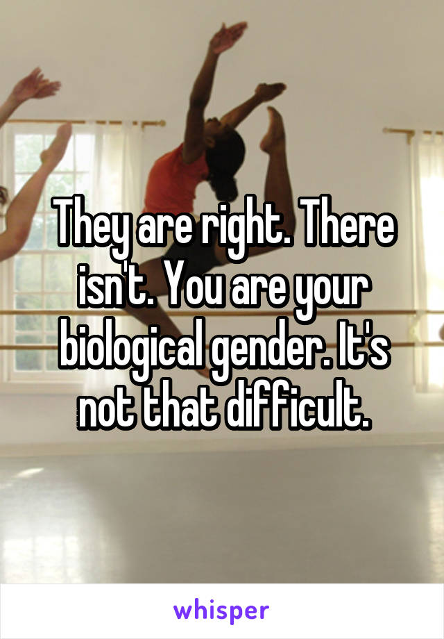 They are right. There isn't. You are your biological gender. It's not that difficult.