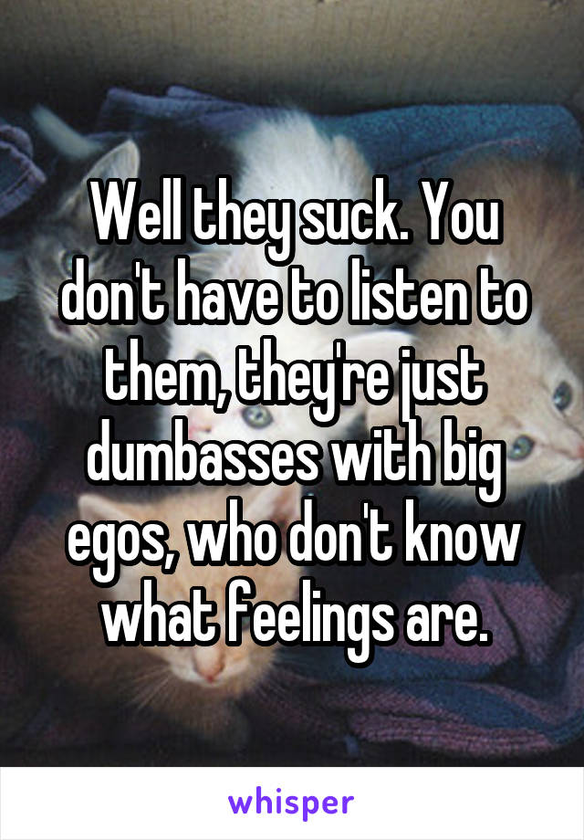Well they suck. You don't have to listen to them, they're just dumbasses with big egos, who don't know what feelings are.