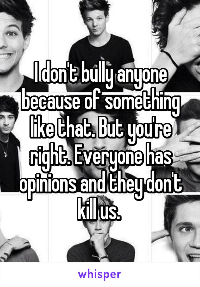 I don't bully anyone because of something like that. But you're right. Everyone has opinions and they don't kill us. 