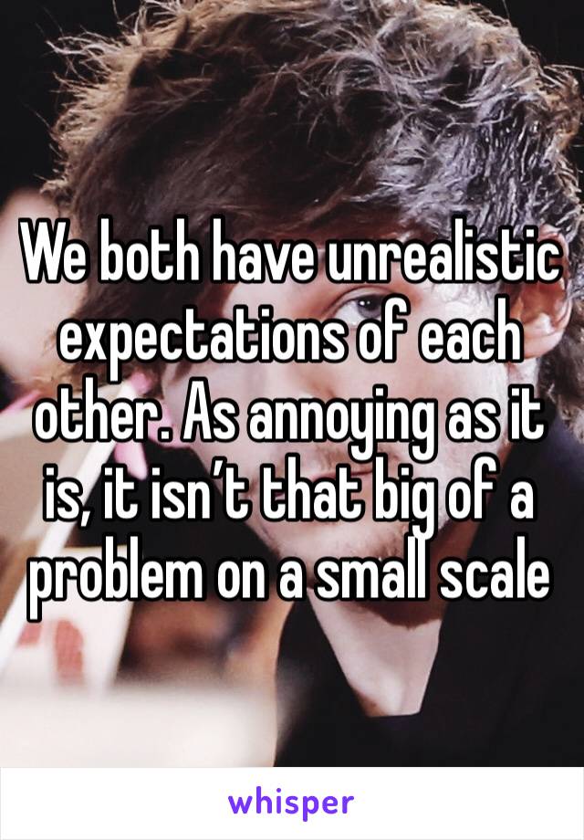 We both have unrealistic expectations of each other. As annoying as it is, it isn’t that big of a problem on a small scale