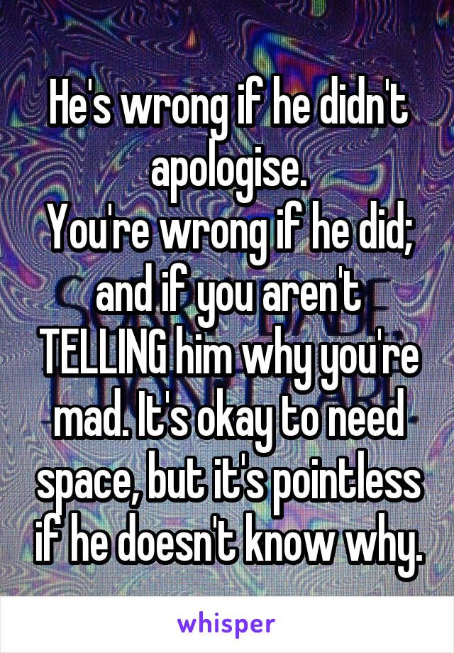 He's wrong if he didn't apologise.
You're wrong if he did; and if you aren't TELLING him why you're mad. It's okay to need space, but it's pointless if he doesn't know why.
