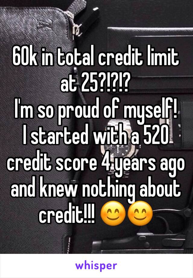 60k in total credit limit at 25?!?!? 
I'm so proud of myself! 
I started with a 520 credit score 4 years ago and knew nothing about credit!!! 😊😊