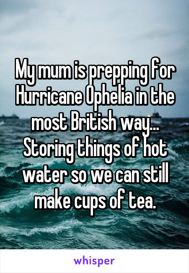 My mum is prepping for Hurricane Ophelia in the most British way...
Storing things of hot water so we can still make cups of tea.