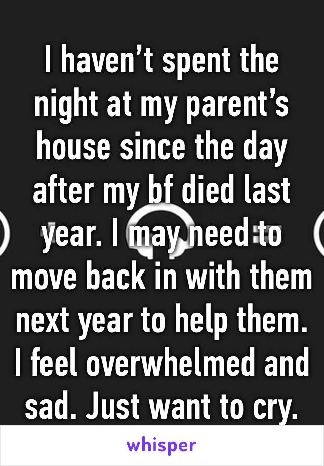 I haven’t spent the night at my parent’s house since the day after my bf died last year. I may need to move back in with them next year to help them. I feel overwhelmed and sad. Just want to cry.
