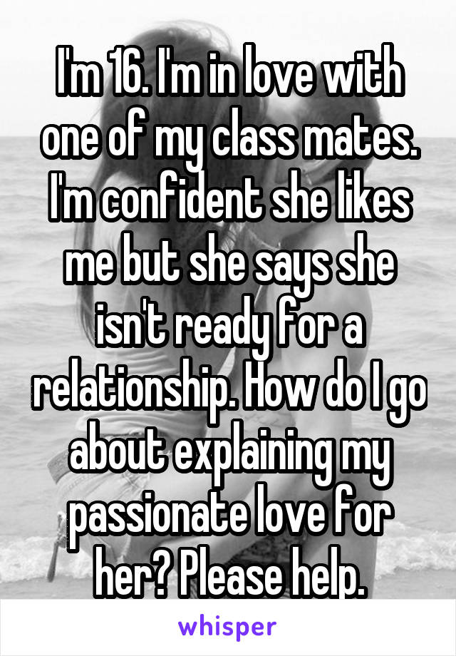 I'm 16. I'm in love with one of my class mates. I'm confident she likes me but she says she isn't ready for a relationship. How do I go about explaining my passionate love for her? Please help.