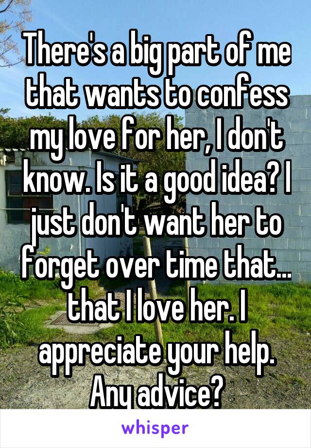 There's a big part of me that wants to confess my love for her, I don't know. Is it a good idea? I just don't want her to forget over time that... that I love her. I appreciate your help. Any advice?