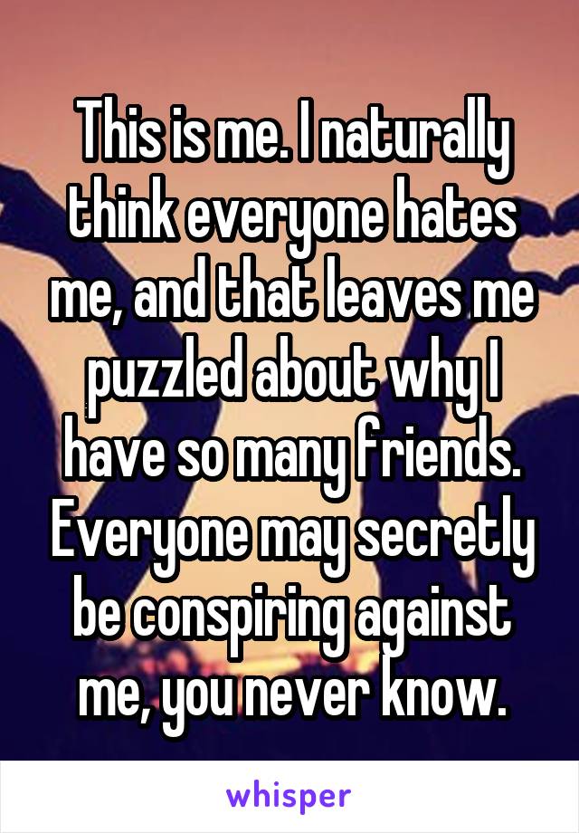 This is me. I naturally think everyone hates me, and that leaves me puzzled about why I have so many friends. Everyone may secretly be conspiring against me, you never know.