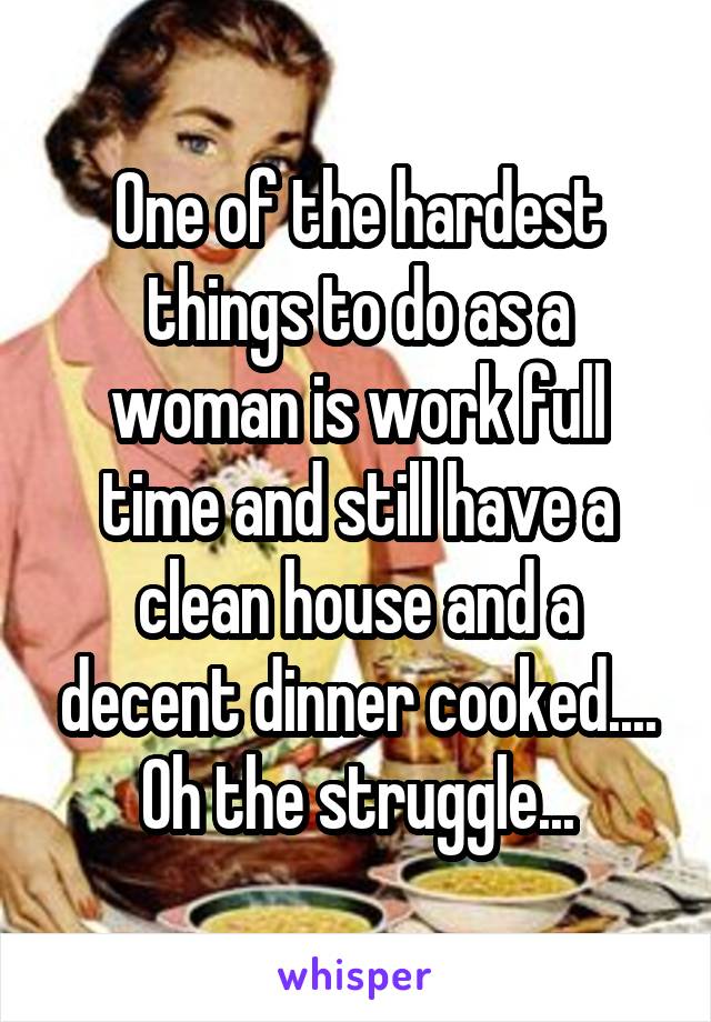 One of the hardest things to do as a woman is work full time and still have a clean house and a decent dinner cooked.... Oh the struggle...