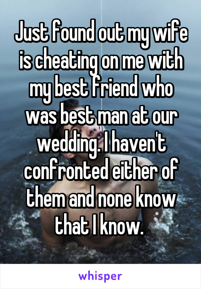 Just found out my wife is cheating on me with my best friend who was best man at our wedding. I haven't confronted either of them and none know that I know. 
