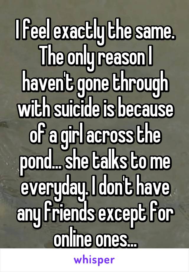 I feel exactly the same. The only reason I haven't gone through with suicide is because of a girl across the pond... she talks to me everyday. I don't have any friends except for online ones...