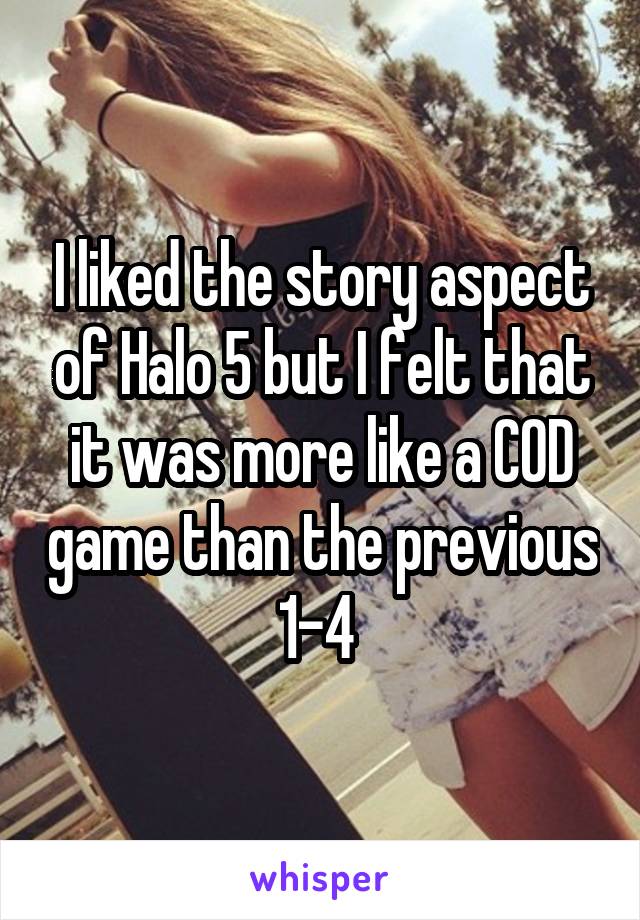 I liked the story aspect of Halo 5 but I felt that it was more like a COD game than the previous 1-4 
