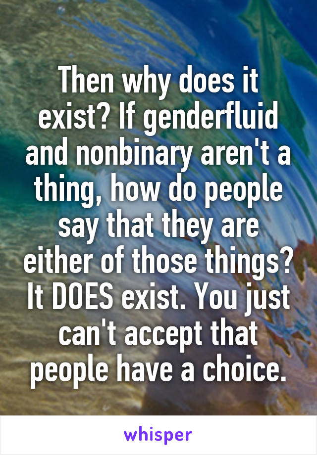 Then why does it exist? If genderfluid and nonbinary aren't a thing, how do people say that they are either of those things? It DOES exist. You just can't accept that people have a choice.