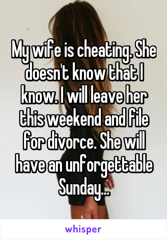 My wife is cheating. She doesn't know that I know. I will leave her this weekend and file for divorce. She will have an unforgettable Sunday...