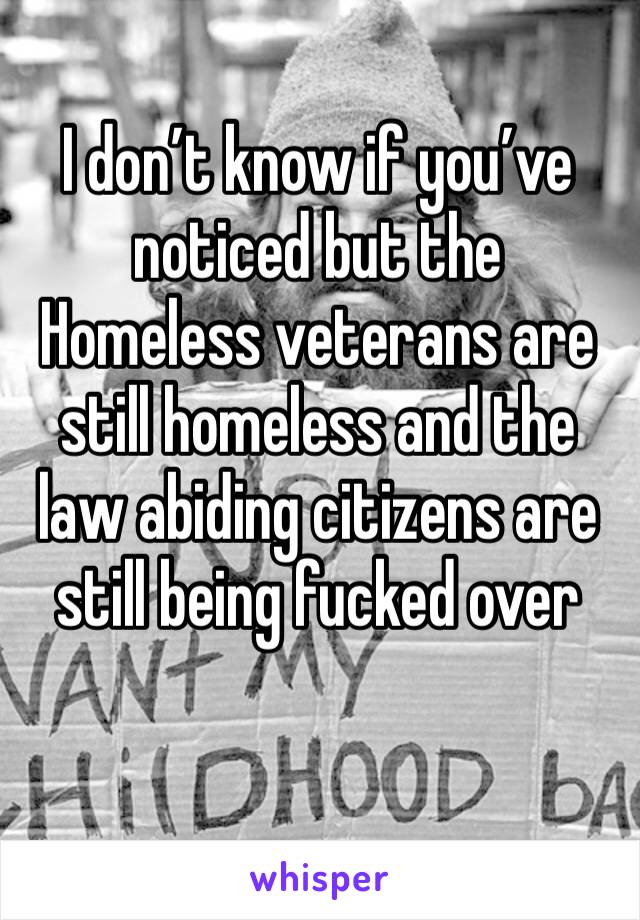 I don’t know if you’ve noticed but the Homeless veterans are still homeless and the law abiding citizens are still being fucked over 