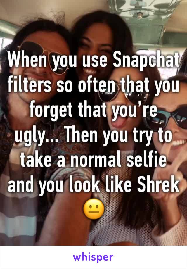 When you use Snapchat filters so often that you forget that you’re ugly... Then you try to take a normal selfie and you look like Shrek  
😐