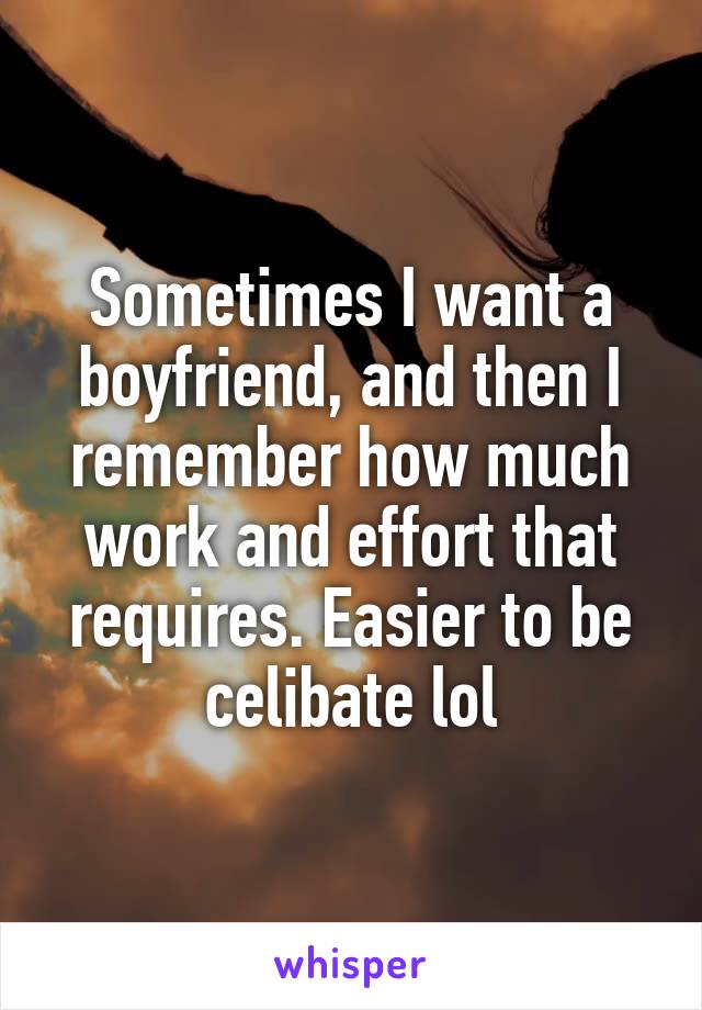 Sometimes I want a boyfriend, and then I remember how much work and effort that requires. Easier to be celibate lol