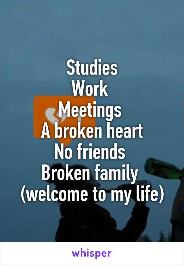 Studies
Work 
Meetings 
A broken heart
No friends 
Broken family 
(welcome to my life)