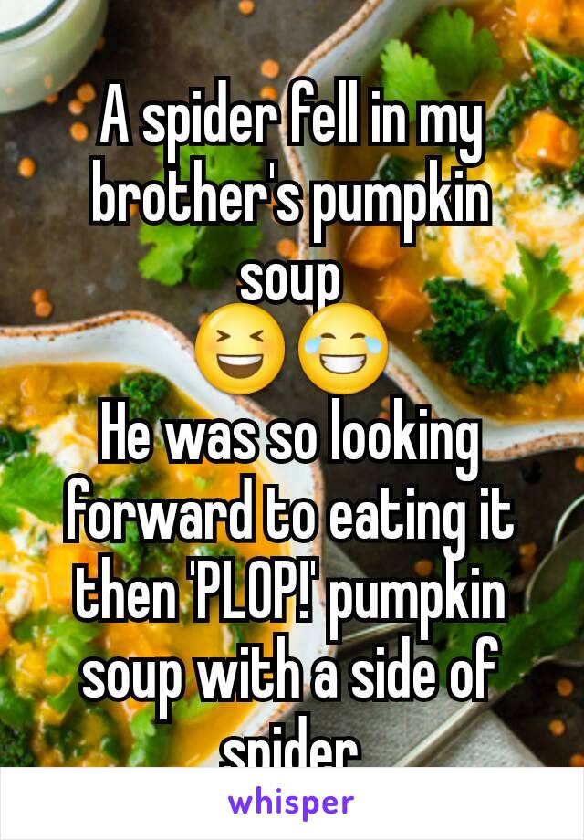 A spider fell in my brother's pumpkin soup
😆😂
He was so looking forward to eating it then 'PLOP!' pumpkin soup with a side of spider