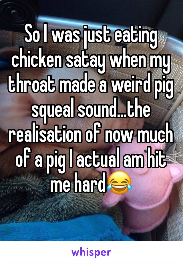 So I was just eating chicken satay when my throat made a weird pig squeal sound...the realisation of now much of a pig I actual am hit me hard😂