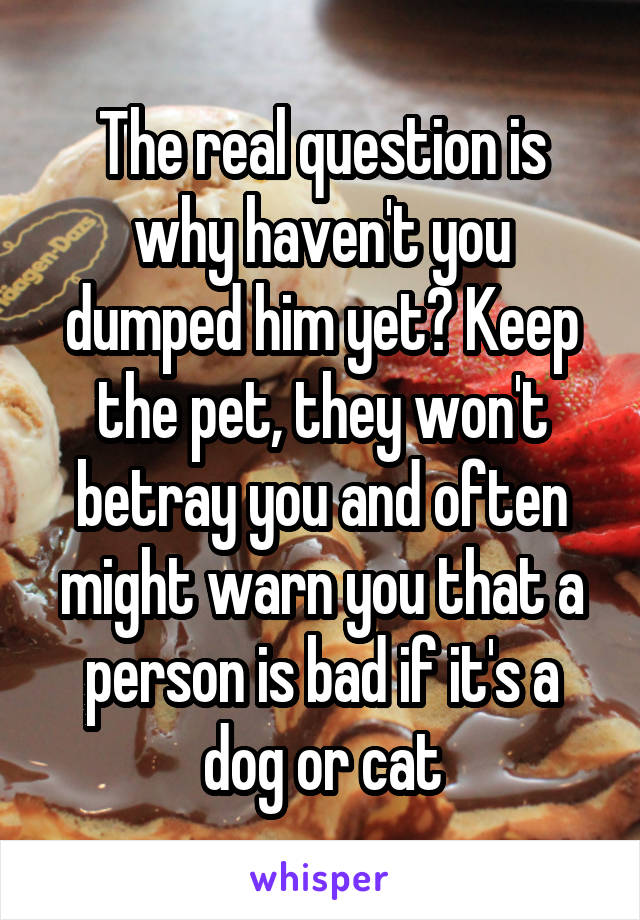 The real question is why haven't you dumped him yet? Keep the pet, they won't betray you and often might warn you that a person is bad if it's a dog or cat