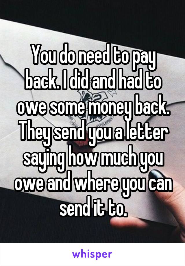 You do need to pay back. I did and had to owe some money back. They send you a letter saying how much you owe and where you can send it to.
