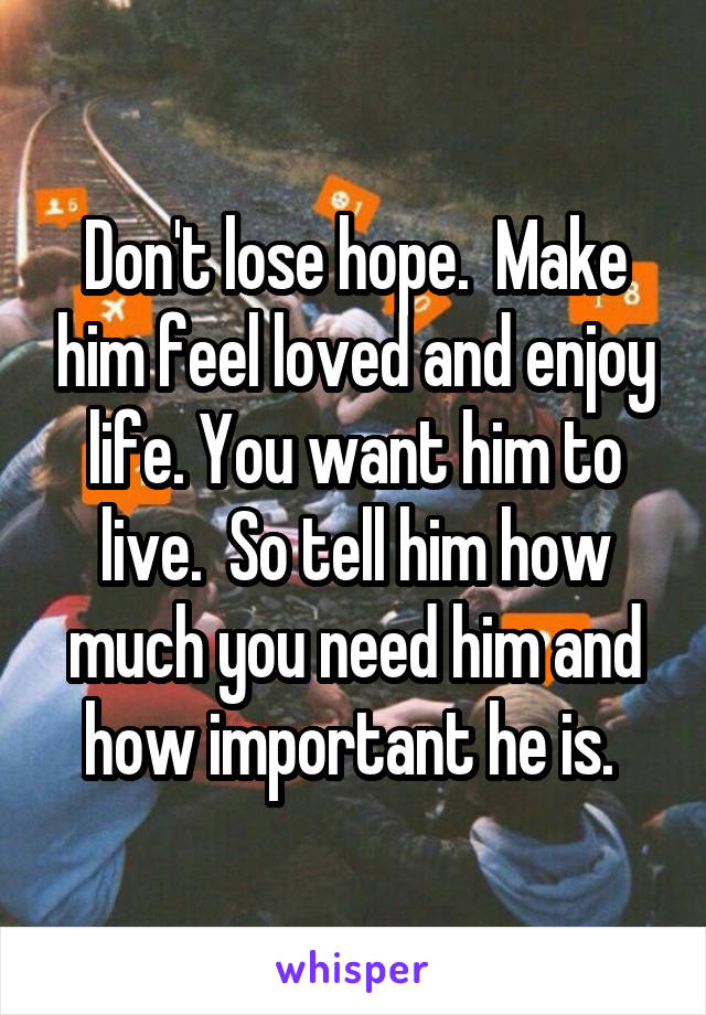 Don't lose hope.  Make him feel loved and enjoy life. You want him to live.  So tell him how much you need him and how important he is. 