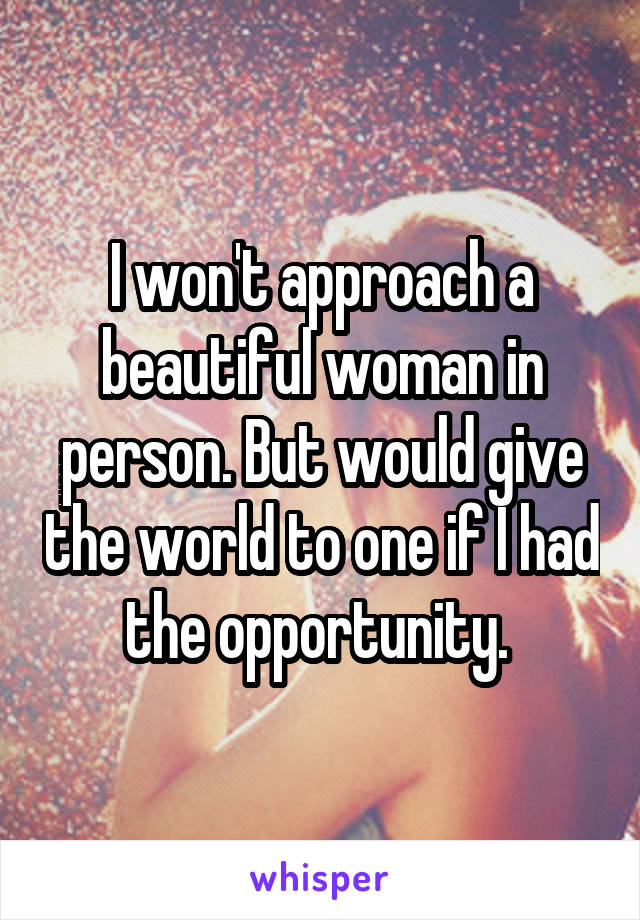 I won't approach a beautiful woman in person. But would give the world to one if I had the opportunity. 