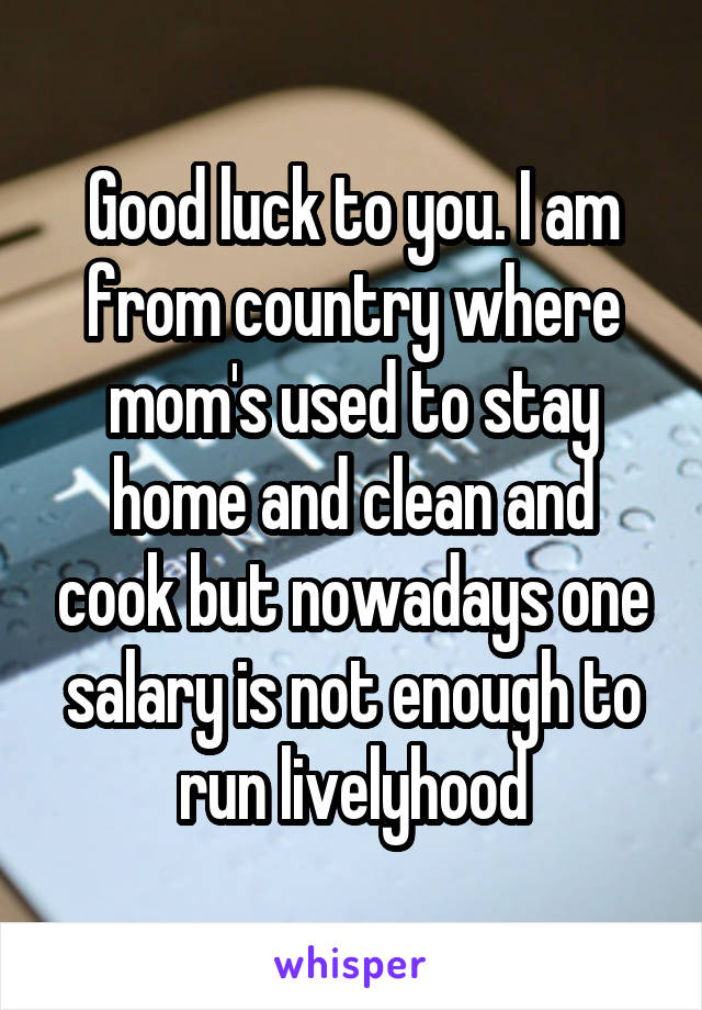 Good luck to you. I am from country where mom's used to stay home and clean and cook but nowadays one salary is not enough to run livelyhood