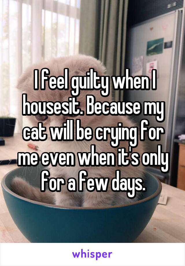  I feel guilty when I housesit. Because my cat will be crying for me even when it's only for a few days.