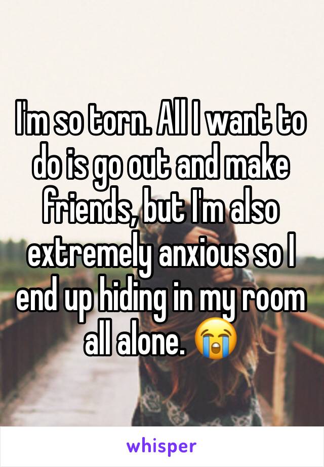 I'm so torn. All I want to do is go out and make friends, but I'm also extremely anxious so I end up hiding in my room all alone. 😭