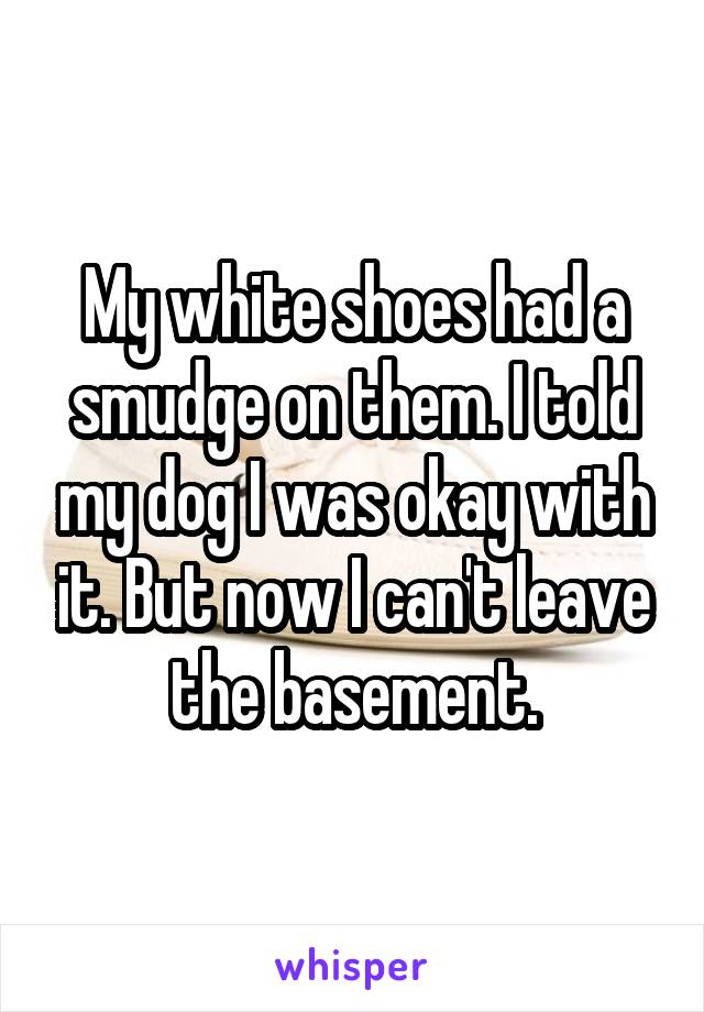 My white shoes had a smudge on them. I told my dog I was okay with it. But now I can't leave the basement.