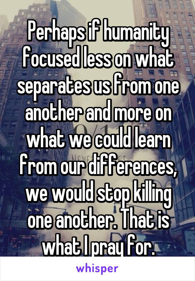 Perhaps if humanity focused less on what separates us from one another and more on what we could learn from our differences, we would stop killing one another. That is what I pray for.