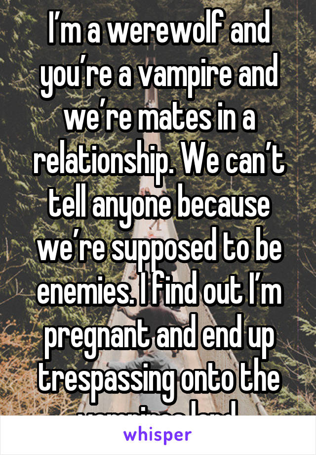 I’m a werewolf and you’re a vampire and we’re mates in a relationship. We can’t tell anyone because we’re supposed to be enemies. I find out I’m pregnant and end up trespassing onto the vampires land.