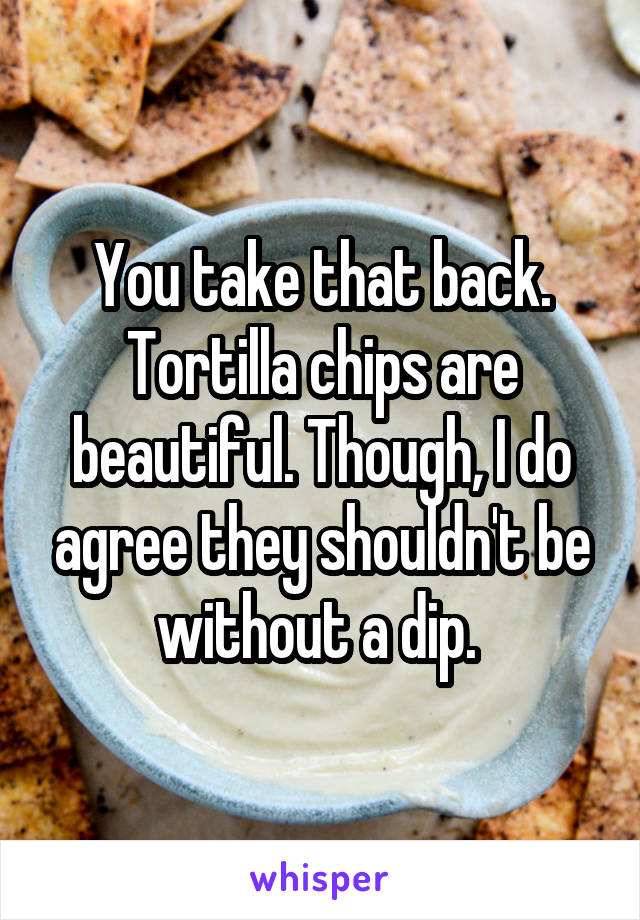 You take that back. Tortilla chips are beautiful. Though, I do agree they shouldn't be without a dip. 