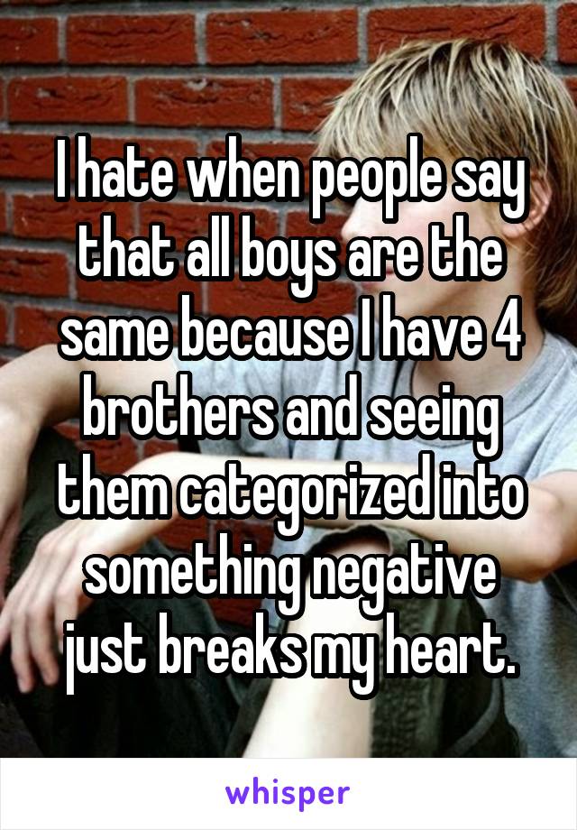 I hate when people say that all boys are the same because I have 4 brothers and seeing them categorized into something negative just breaks my heart.