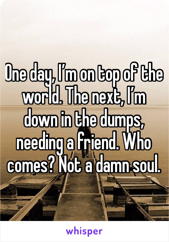 One day, I’m on top of the world. The next, I’m down in the dumps, needing a friend. Who comes? Not a damn soul. 