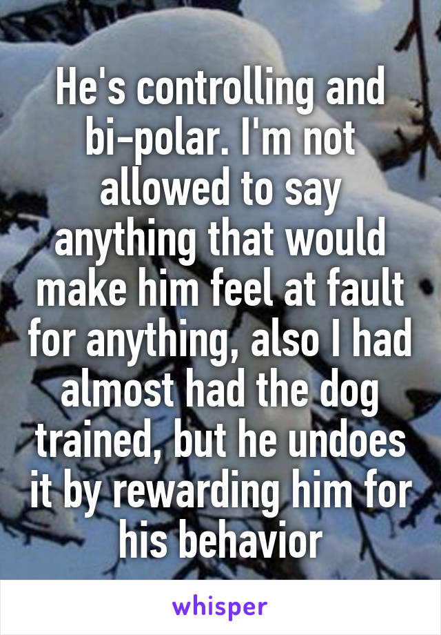 He's controlling and bi-polar. I'm not allowed to say anything that would make him feel at fault for anything, also I had almost had the dog trained, but he undoes it by rewarding him for his behavior