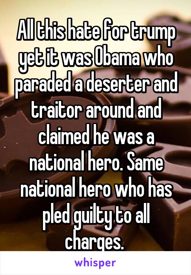 All this hate for trump yet it was Obama who paraded a deserter and traitor around and claimed he was a national hero. Same national hero who has pled guilty to all charges. 