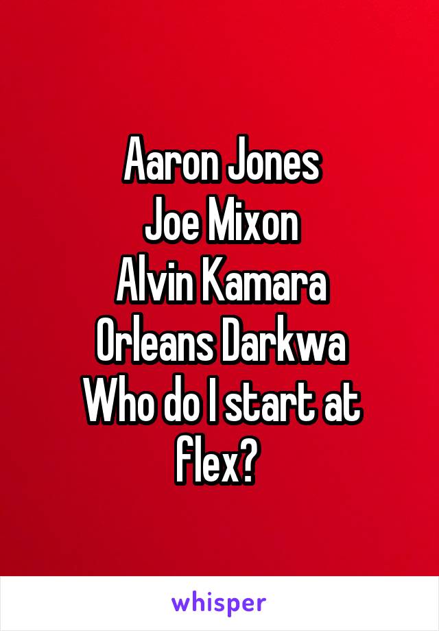 Aaron Jones
Joe Mixon
Alvin Kamara
Orleans Darkwa
Who do I start at flex? 