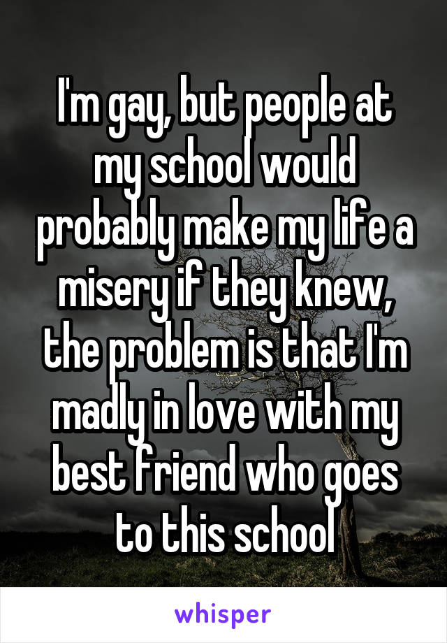 I'm gay, but people at my school would probably make my life a misery if they knew, the problem is that I'm madly in love with my best friend who goes to this school