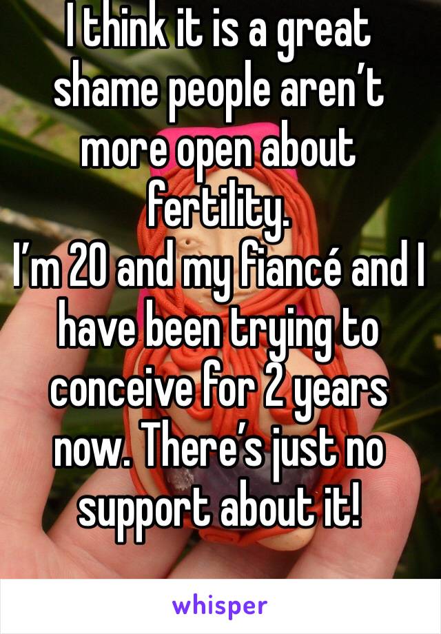 I think it is a great shame people aren’t more open about fertility. 
I’m 20 and my fiancé and I have been trying to conceive for 2 years now. There’s just no support about it! 