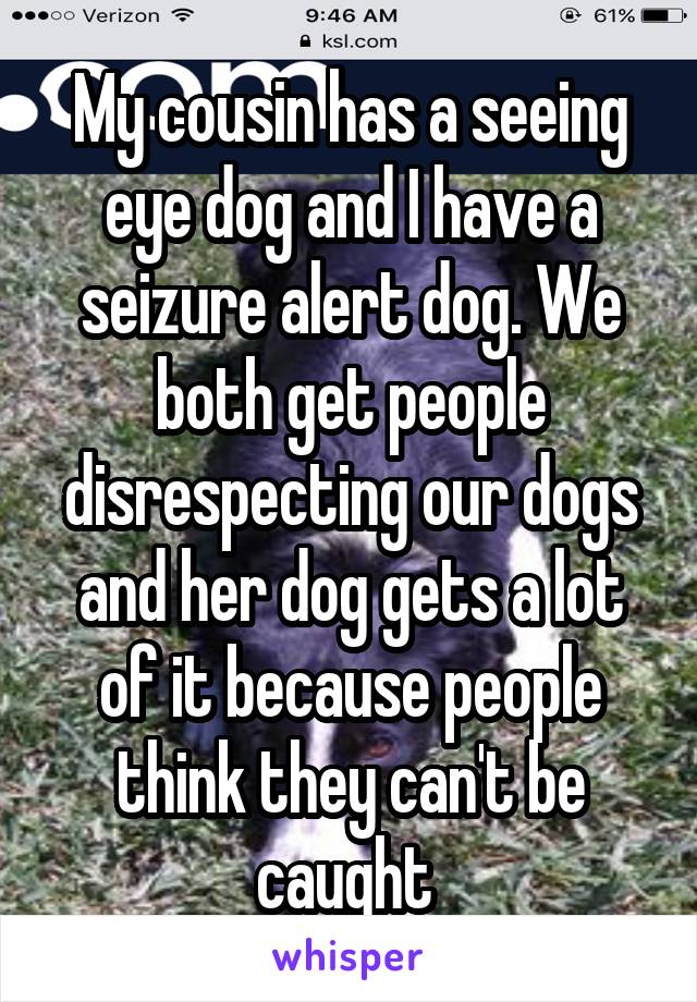 My cousin has a seeing eye dog and I have a seizure alert dog. We both get people disrespecting our dogs and her dog gets a lot of it because people think they can't be caught 