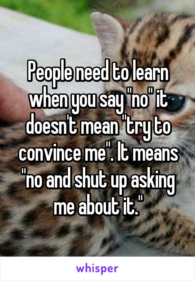 People need to learn when you say "no" it doesn't mean "try to convince me". It means "no and shut up asking me about it."
