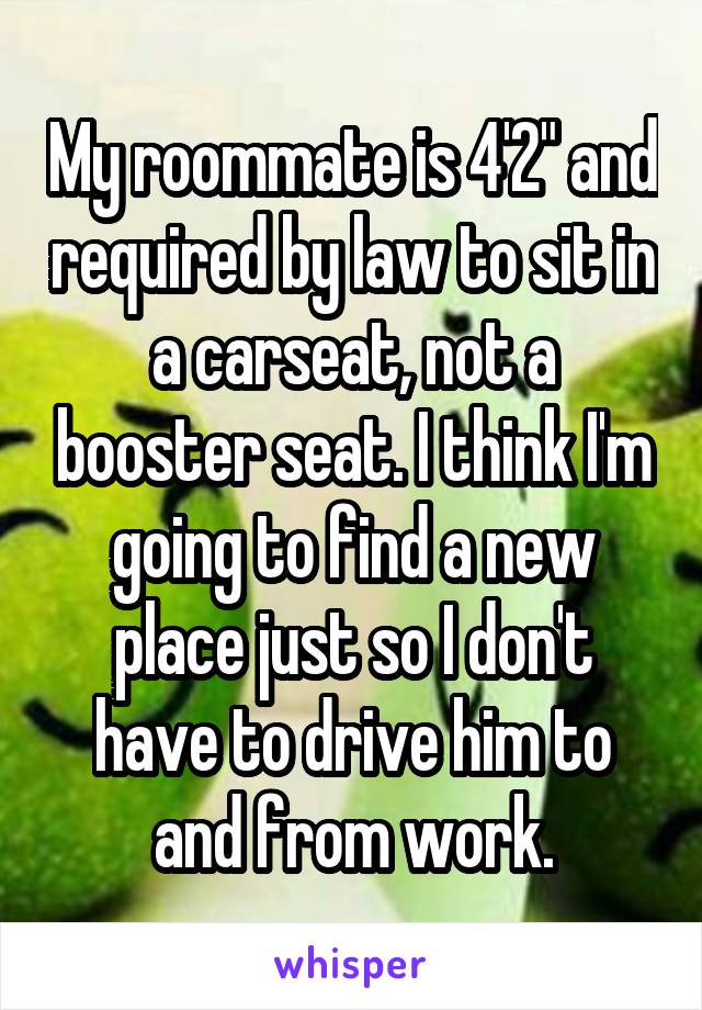 My roommate is 4'2" and required by law to sit in a carseat, not a booster seat. I think I'm going to find a new place just so I don't have to drive him to and from work.