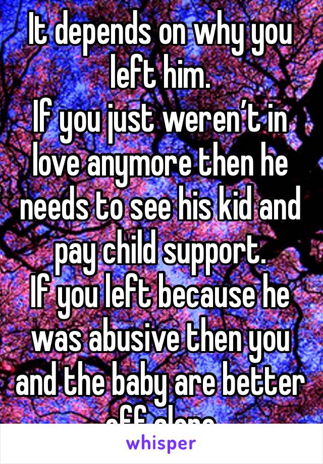 It depends on why you left him.
If you just weren’t in love anymore then he needs to see his kid and pay child support. 
If you left because he was abusive then you and the baby are better off alone