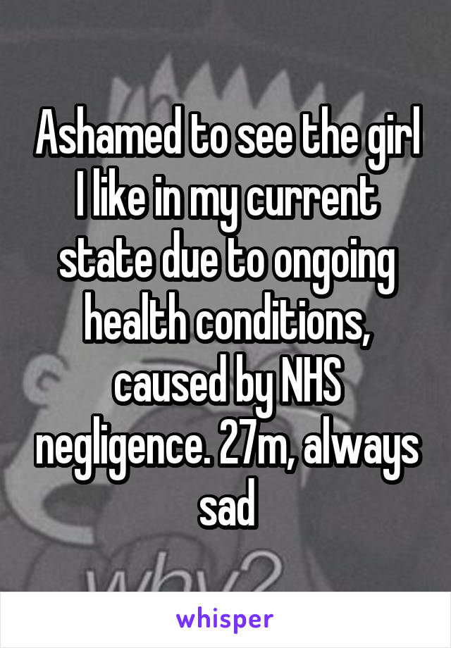 Ashamed to see the girl I like in my current state due to ongoing health conditions, caused by NHS negligence. 27m, always sad