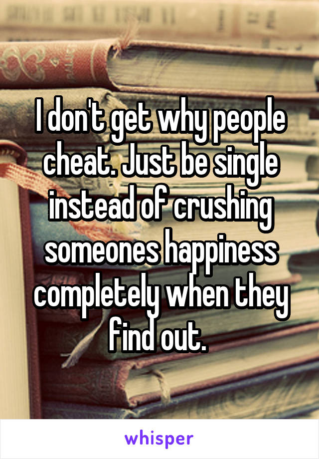 I don't get why people cheat. Just be single instead of crushing someones happiness completely when they find out. 