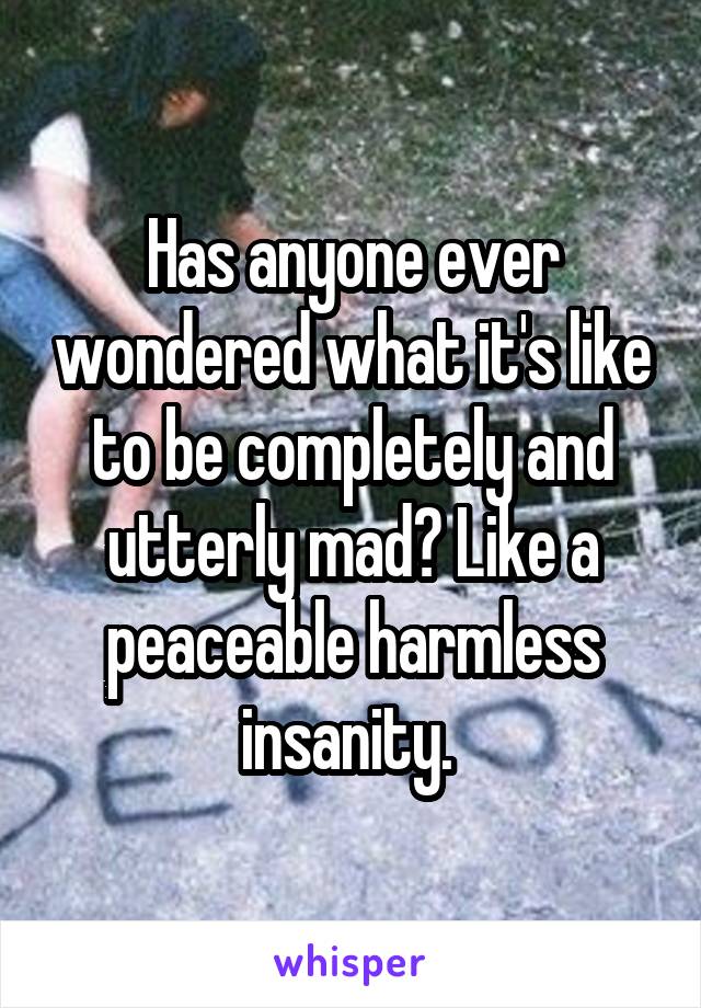 Has anyone ever wondered what it's like to be completely and utterly mad? Like a peaceable harmless insanity. 